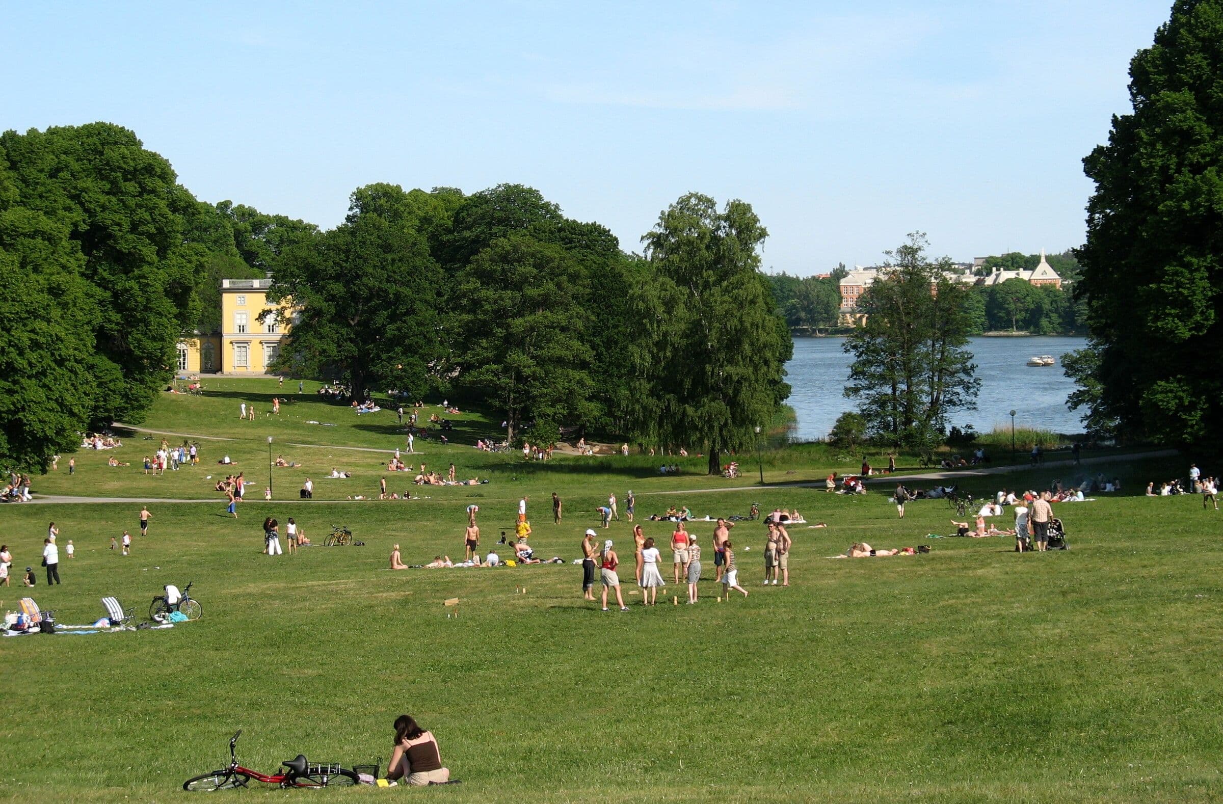 Gräsmattan i Hagaparken i Solna en sommardag, med Brunnsviken i bakgrunden